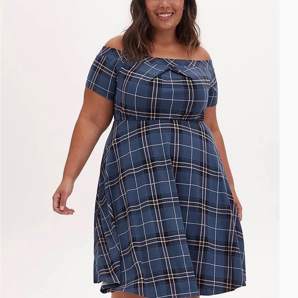 torrid Dresses & Skirts - Host Pick - Torrid Size 1 Blue Plaid Skater Dress Off the Shoulder Short Sleeves